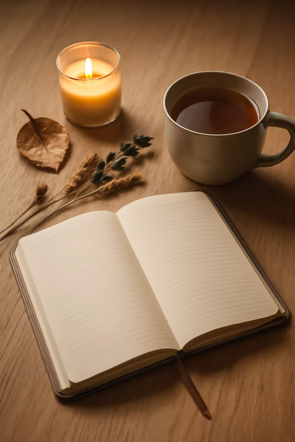 Cuaderno abierto, taza de té y velas en una mesa tranquila de trabajo personal